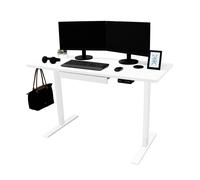 Electric Standing Desk 140cm x 60cm White Height Adjustable Ergonomic Sit to Stand Computer Workstation Built In Drawer USB A & C Charging Cable Holes & Tray Bag Hook Office Table Memory Smart Panel W