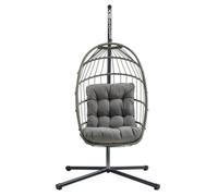 Hanging Egg Chair Grey Rattan Swing Garden Hammock Folding Seat Furniture With 15cm Thick Cushion Steel Stand 150kg Weight Capacity Outdoor Indoor Patio Balcony UV Resistant FREE Waterproof Zip Cover