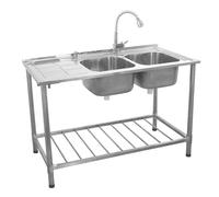 Catering Sink Stainless Steel Kitchen Commercial Restaurant Double Bowl Storage Shelf Unit & Tap / Left Hand Drainer Silver