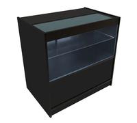 Black Shop Counter LED Light C 900mm Lockable Sliding Doors 2 Keys Retail Storage Unit Display Showcase Cabinet Reception Desk Clothing Jewellery Store 3 Shelves 2 Glass 1 Enclosed White Lighting