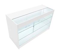 White Shop Counter LED Light K 1500mm Lockable Sliding Doors 2 Keys Retail Storage Unit Glass Display Showcase Cabinet Reception Desk Clothing Jewellery Store 3 Shelves Cool Lighting
