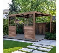 MonsterShop Metal Pergola 3M X 3M Wood Effect With Led Lights & 2 Side Panels Tilting Canopy Roof Aluminium Outdoor Garden Gazebo Sun Shelter