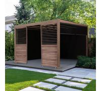 MonsterShop Metal Pergola 4M X 3M Wood Effect With 3 Retractable Mesh Blinds 2 X Louvre Side Panels & Led Lights Tilting Canopy Roof Aluminium