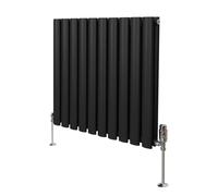 Oval Column Radiator 600mm x 600mm & TRV Chrome Valves Modern Designer Double Panel Central Heating Heater Black Steel Horizontal Kitchen Living Room FREE Cleaning Brush Fixing Kit & Brackets Black