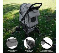 Pet Stroller Caddy Organiser Woven Grey Pushchair Pram Travel Accessory Bag Detachable Hook & Loop Straps Elastic Cup Pouch Front Pocket Large Capacity Multifunctional Linen Fabric
