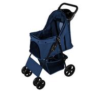 Pet Stroller Pushchair Navy Blue Carrier Foldable Trolley Travel Cart 15kg Capacity 4 Wheels Brakes Cat Dog Safety Hook Leash Cushion Canopy Mesh Windows Basket Cup Holders & Waterproof Rain Cover