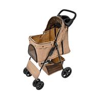 Pet Stroller Caddy Organiser Woven Beige Pushchair Pram Travel Accessory Bag Detachable Hook & Loop Straps Elastic Cup Pouch Front Pocket Large Capacity Multifunctional Linen Fabric