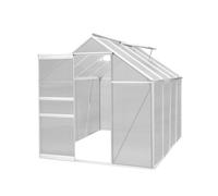 Greenhouse 6 x 8ft Aluminium Polycarbonate Steel Silver Weather Resistant Frame Support Bars Interchangeable Sliding Door 2 Roof Window Vents Walk In Gutter FREE W Clips Silver