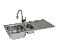 KuKoo 1.5-Bowl Reversible Stainless Steel Kitchen Sink 0.9mm with Pull-Out Padstow Mixer Tap & Waste Kit (Code 10473)