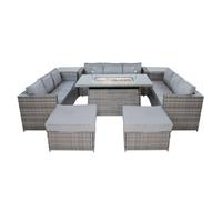 MonsterShop Rattan Garden Furniture 11 Seater Grey Sofa Stools Gas Firepit Dining Table Set