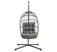 Hanging Egg Chair Grey Rattan Swing Garden Hammock Folding Seat Furniture With 15cm Thick Cushion Steel Stand 150kg Weight Capacity Outdoor Indoor Patio Balcony UV Resistant FREE Waterproof Zip Cover