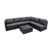 Rattan Garden Corner Furniture Set Outdoor Premium 7 PC Black 5 Seater Modular Sofa Chairs With Cushions Glass Top Coffee Table UV Protected Metal Frame Patio Conservatory Lounge Seat FREE Rain Cover