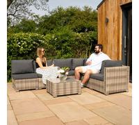 Rattan Garden Corner Furniture Set Outdoor Premium 7 PC Grey 5 Seater Modular Sofa Chairs With Cushions Glass Top Coffee Table UV Protected Metal Frame Patio Conservatory Lounge Seat FREE Rain Cover