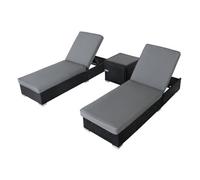 MonsterShop Rattan Sun Lounger 3Pc Set Black Recliner Day Bed Side Table Garden Furniture