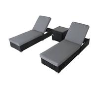Rattan Sun Lounger 3PC Set 2 Black Wicker Recliner Day Beds Lockable Side Table 5 Position Adjustable Backrest Chaise Chair Thick Cushions Garden Furniture Patio Outdoor Weather-Resistant Rain Cover