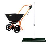Lawn Leveller & Rotary Spreader Gritter Fertiliser Garden Levelling Rake Lute 100 x 32cm Green Removable Extendable Handle 1.15-1.9m Easy Grip 25kg Capacity Salt Grit Sand Seed Rain Cover & Gloves
