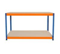 Garage Workbench S-Rax 2 Shelf 150cm x 60cm x 90cm Workstation Heavy Duty Steel Chipboard 300kg Capacity Per Shelf Adjustable Layout Boltless Assembly Rubber Feet 2 Reinforced Support Bars Warehouse