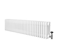 Traditional 4 Column Radiator 300mm x 1370mm & TRV Chrome Valves Central Heating Heater White Carbon Steel Horizontal Wall Mounted Kitchen Living Room Cleaning Brush Fixing Kit & Brackets