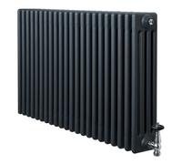 Traditional 4 Column Radiator 600mm x 1010mm & TRV Chrome Valves Central Heating Heater Anthracite Grey Carbon Steel Horizontal Wall Mounted Kitchen Living Room Cleaning Brush Fixing Kit & Brackets