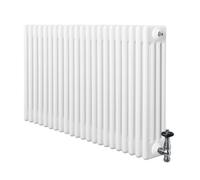 Traditional 4 Column Radiator 600mm x 1010mm & TRV Chrome Valves Central Heating Heater White Carbon Steel Horizontal Wall Mounted Kitchen Living Room Cleaning Brush Fixing Kit & Brackets