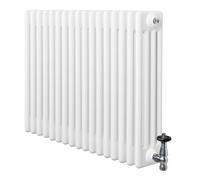 Traditional 4 Column Radiator 600mm x 785mm & TRV Chrome Valves Central Heating Heater White Carbon Steel Horizontal Wall Mounted Kitchen Living Room Cleaning Brush Fixing Kit & Brackets