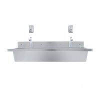 Wall Mounted Trough Sink Heavy Duty Stainless Steel Commercial Single Bowl With Faucets Mixer Valve Rectangular Backsplash Floating Utility Hand Wash Basin Sloped Drainage Dual 500ml Soap Dispensers