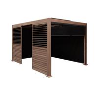 Metal Pergola 4m x 3m Wood Effect With 3 Retractable Mesh Blinds 2 x Louvre Side Panels & LED Lights Tilting Canopy Roof Aluminium Outdoor Garden Gazebo Sun Shelter Tools & Ground Bolts Included