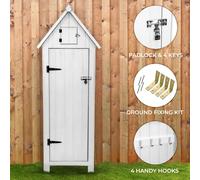 Wooden Garden Storage Shed White Tool Organiser Cabinet Beach Hut Sentry Box Lockable Doors 3 Corner Shelves 4 Door Hooks Roof Hatch Padlock 4 Keys Ground Fixing Kit Screw Covers Fir Wood Asphalt Roof