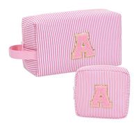 MONSTINA Initial Makeup Bag for Girls&Women,Personalized Make Up Case for Girlfriend Graduation Teacher Gifts,Cute Toiletry Bag Preppy Chenille Letter Patch,Pink A