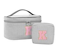 MONSTINA Initial Makeup Bag with Brush Holder for Women,Make Up Case for Girlfriend Bridesmaid Wife|Personalized Birthday Gift for Her Cute Toiletry Bag,2PCS,Black K