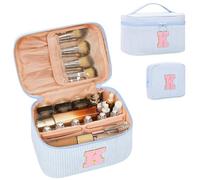 MONSTINA Initial Makeup Bag with Brush Holder for Women,Make Up Case for Girlfriend Bridesmaid Wife|Personalized Birthday Gift for Her Cute Toiletry Bag,2PCS,Blue K