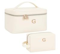 MONSTINA Makeup Bag for Women - Personalized Initial Cute Makeup Bag, 002_Beige with Cosmetic Pouch, G