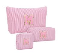 MONSTINA Makeup Bag for Women - Personalized Initial Cute Makeup Bag for Girls, Pink M, L, Personalized Initial Pinstripe M