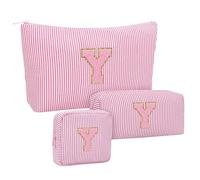 MONSTINA Makeup Bag for Women - Personalized Initial Cute Makeup Bag for Girls, Pink Y, L, Personalized Initial Pinstripe Y
