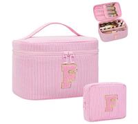 MONSTINA Makeup Bag for Women - Personalized Initial Cute Makeup Bag with Brush Hodler and Divider, Pink F, L, Personalized Initial Pinstripe F