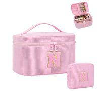 MONSTINA Makeup Bag for Women - Personalized Initial Cute Makeup Bag with Brush Hodler and Divider, Pink N, L, Personalized Initial Pinstripe N