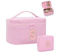 MONSTINA Makeup Bag for Women - Personalized Initial Cute Makeup Bag with Brush Hodler and Divider, Pink S, L, Personalized Initial Pinstripe S