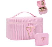 MONSTINA Makeup Bag for Women - Personalized Initial Cute Makeup Bag with Brush Hodler and Divider, Pink V, L, Personalized Initial Pinstripe V