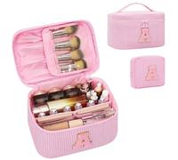 MONSTINA Makeup Bag for Women - Personalized Initial Cute Makeup Bag with Brush Hodler and Divider, Pink A, Large