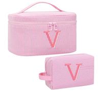 MONSTINA Personalized Initial Makeup Bag, 003_Pink with Cosmetic Pouch, V, V