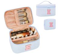 MONSTINA Personalized Initial Makeup Bag with Brush Holder for Women,Monogram Make Up Case for Girlfriend Bridesmaid Wife,Birthday Gift for Her Cute Toiletry Bag,2PCS,Blue E