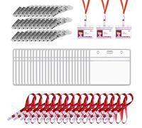 Monsully 30 Pcs Waterproof ID Card Holder with Red Lanyards, Name Badge Card Holders with Neck Lanyards Transparent Name Badges with Nameplates for Business, Office and School