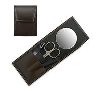Mont Bleu 3-piece Manicure Set with Mirror and Crystal Nail File, in Premium Umber Brown Leathere Case | Italian Scissors - Czech Crystal Nail File - Unique German Case with a Mirror