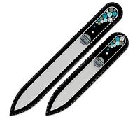 Mont Bleu Set of 2 Glass Nail Files Hand Decorated with Swarovski Elements, in Black Velvet Sleeve, Genuine Czech Tempered Glass, Hand-Made Crystal Nail Files