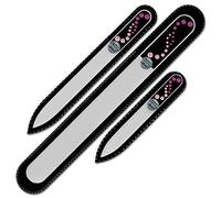 Mont Bleu Set of 3 Crystal Nail Files Hand Decorated with Swarovski Elements - in Black Velvet Sleeve - Genuine Czech Tempered Glass - Handmade Glass Nail Files