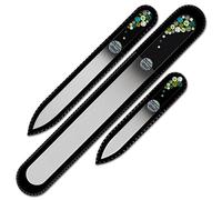 Mont Bleu Set of 3 Crystal Nail Files Hand Decorated with Swarovski Elements - in Black Velvet Sleeve - Genuine Czech Tempered Glass - Handmade Glass Nail Files