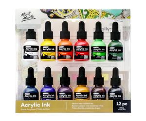 Mont Marte Acrylic Ink Premium 12pc x 20ml (0.7 US fl.oz), Acrylic Inks for Artists, Essential Colours, Ideal for Air Brush, Pouring Art, Scrapbooking, Ink Drawing, Mixed Media