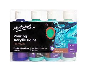MONT MARTE Acrylic Pouring Paint Set Marina - 4 pcs x 120ml - Acrylic Pouring - Premixed with Pouring Medium - Ultramarine Blue, Turquoise, Light Blue, Light Aquamarine
