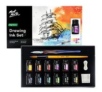 Mont Marte Calligraphy Set - 16-Pieces - Includes 12 x 7ml Ink Colours, Glass Dip Pen, Ink Well, Brush and Pen Rest - Smooth-Flowing pigmented Inks