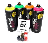 Montana Black Infra Spray Cans Set Neon Colours + Replacement Spray Heads - 4 x 400 ml
